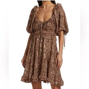 En Saison Brown Sequin Embellished Mini Dress with Bow Detail- Size L